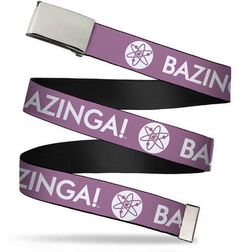 Chrome Buckle Web Belt - BAZINGA! Atom Logo Lavender/White Webbing Web Belts The Big Bang Theory   