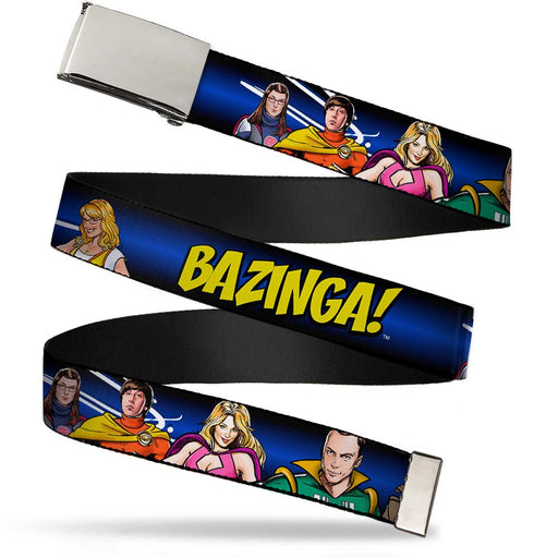 Chrome Buckle Web Belt - The Big Bang Theory Superhero Characters Group BAZINGA! Black-Blue Fade Webbing Web Belts The Big Bang Theory   