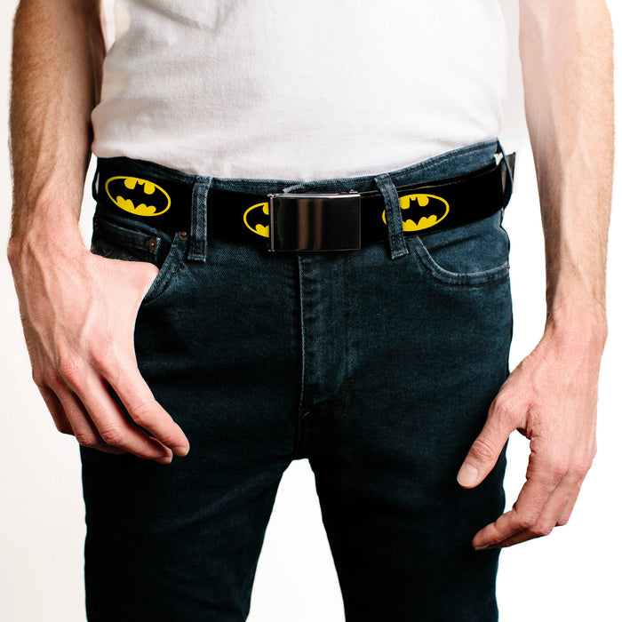 Web Belt Blank Chrome Buckle - Batman Shield Black/Yellow Webbing Web Belts DC Comics   