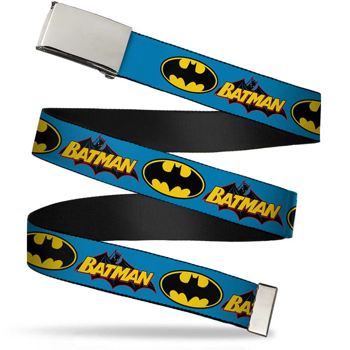 Chrome Buckle Web Belt - Vintage Batman Logo & Bat Signal Blue Webbing Web Belts DC Comics   