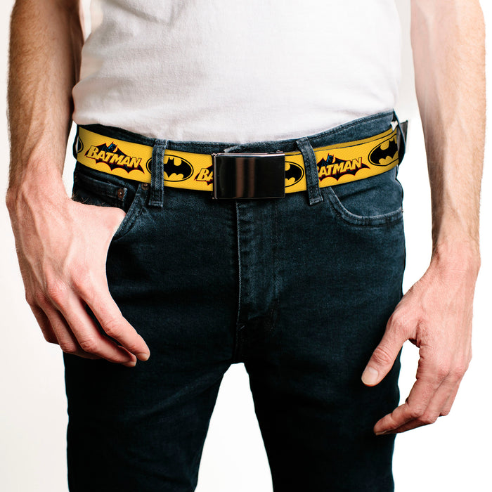 Chrome Buckle Web Belt - Vintage Batman Logo & Bat Signal-3 Yellow Webbing Web Belts DC Comics   