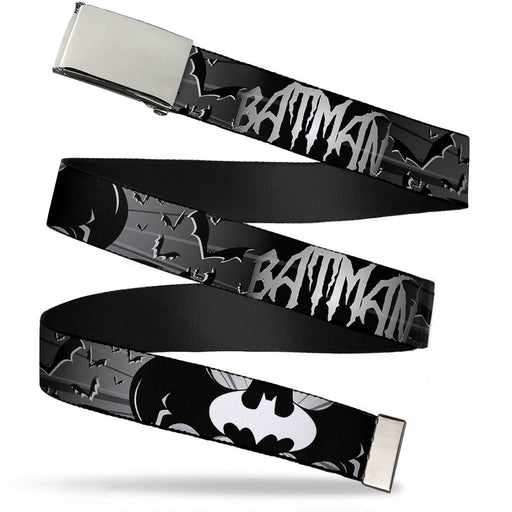 Chrome Buckle Web Belt - BATMAN w/Bat Signals & Flying Bats Black/White Webbing Web Belts DC Comics   