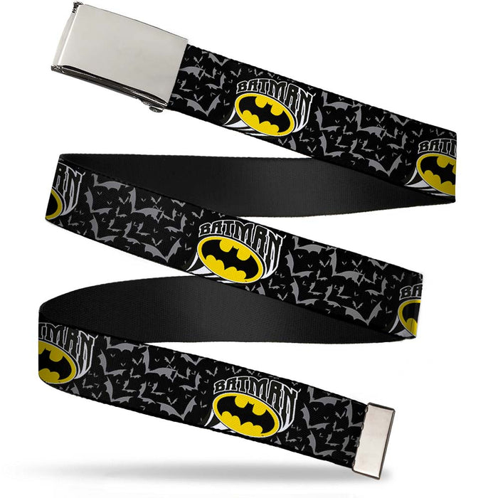 Chrome Buckle Web Belt - BATMAN w/Bat Shield & Flying Bats Black/Gray Webbing Web Belts DC Comics   