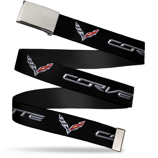 Chrome Buckle Web Belt - CORVETTE/C7 Logo Black/Silver/Red Webbing Web Belts GM General Motors   