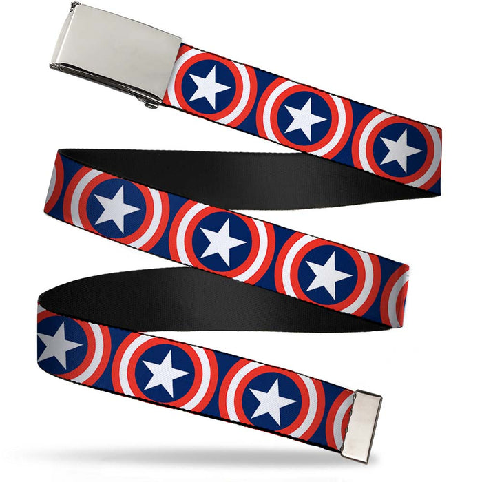 Chrome Buckle Web Belt - Captain America Shield Repeat Navy Webbing Web Belts Marvel Comics   