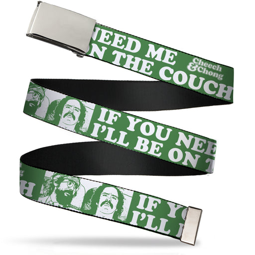Chrome Buckle Web Belt - CHEECH & CHONG Pose IF YOU NEED ME I'LL BE ON THE COUCH Green/White Webbing Web Belts Cheech & Chong   