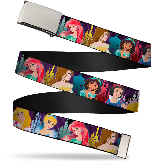 Chrome Buckle Web Belt - Disney Princess Poses/Castle Silhouettes Purples/Multi Color Webbing Web Belts Disney   
