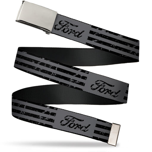 Web Belt Blank Chrome Buckle - FORD Script Stripe Blocks Weathered Gray/Black Webbing Web Belts Ford   