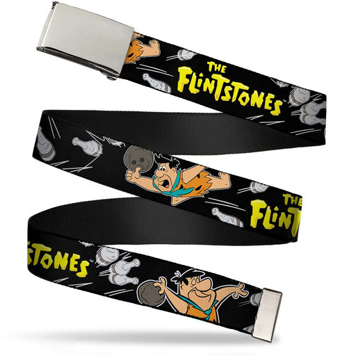 Chrome Buckle Web Belt - THE FLINTSTONES Fred Bowling Poses/Bowling Pins Black Webbing Web Belts The Flintstones   