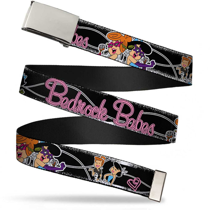 Chrome Buckle Web Belt - Wilma & Betty Glam Poses BEDROCK BABES Black/Pink Webbing Web Belts The Flintstones   