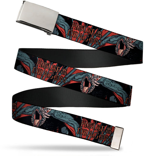 Web Belt Blank Chrome Buckle - HOUSE OF THE DRAGON Drogon Roar and Title Logo Black/Grays/Reds Webbing Web Belts House of the Dragon