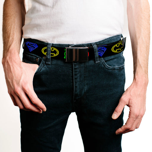 Web Belt Blank Chrome Buckle - Justice League Electric Logos Black/Multi Neon Webbing Web Belts DC Comics   