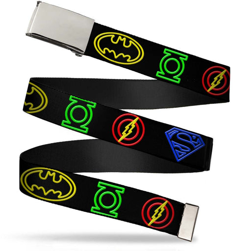 Web Belt Blank Chrome Buckle - Justice League Electric Logos Black/Multi Neon Webbing Web Belts DC Comics   