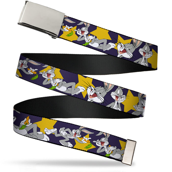 Chrome Buckle Web Belt - Bugs Bunny Poses/Stars Navy Webbing Web Belts Looney Tunes   