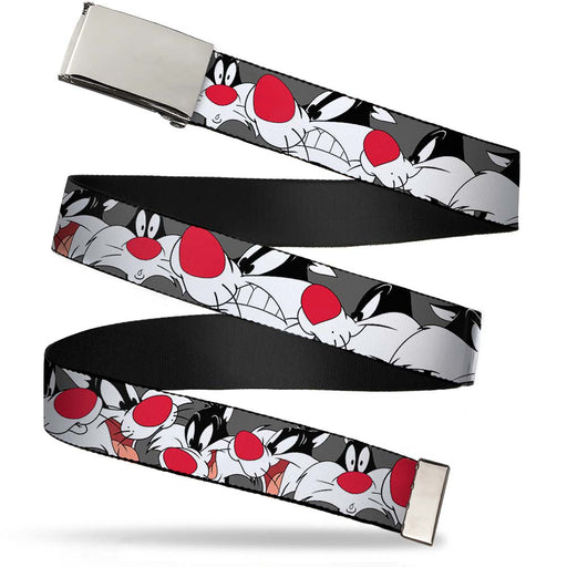 Chrome Buckle Web Belt - Sylvester the Cat Expressions Gray Webbing Web Belts Looney Tunes   