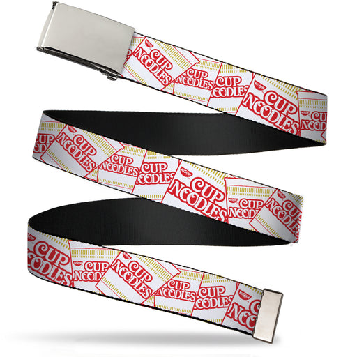 Chrome Buckle Web Belt - Cup Noodles Cups Stacked Collage White/Gold/Red Webbing Web Belts Nissin Foods   