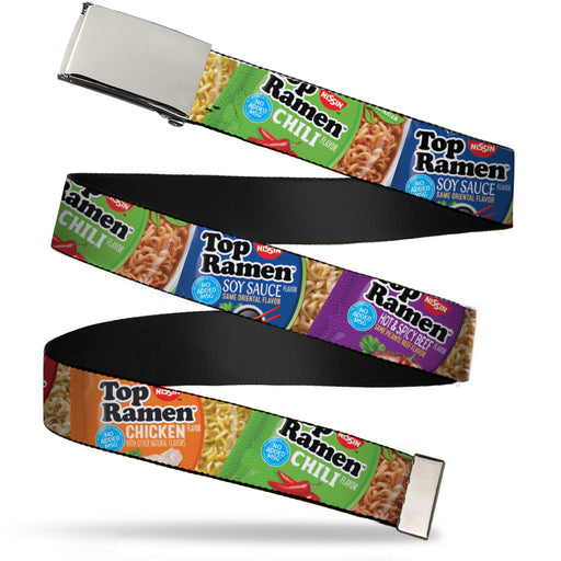 Web Belt Blank Chrome Buckle - Top Ramen Vivid Flavor Packages Stacked Multi Color Webbing Web Belts Nissin Foods   