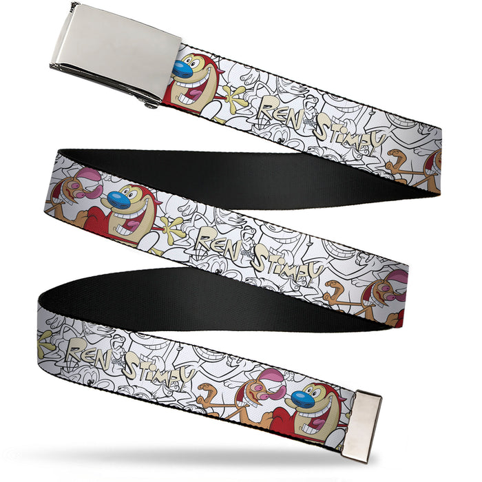 Web Belt Blank Chrome Buckle - REN AND STIMPY Smiling Pose and Outline Poses White/Black Webbing Web Belts Nickelodeon   