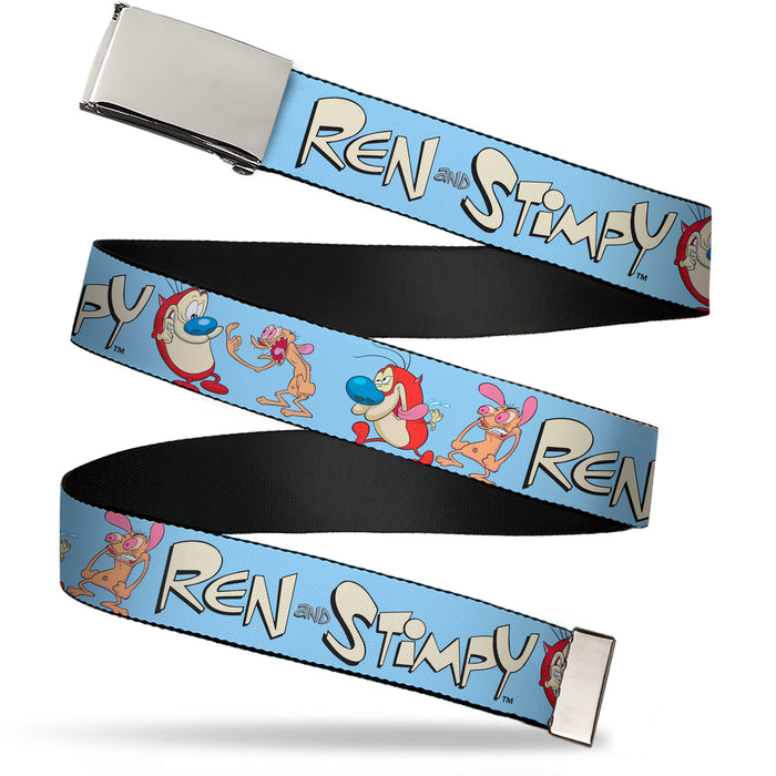 Web Belt Blank Chrome Buckle - REN AND STIMPY Title Logo and Poses Baby Blue Webbing Web Belts Nickelodeon   