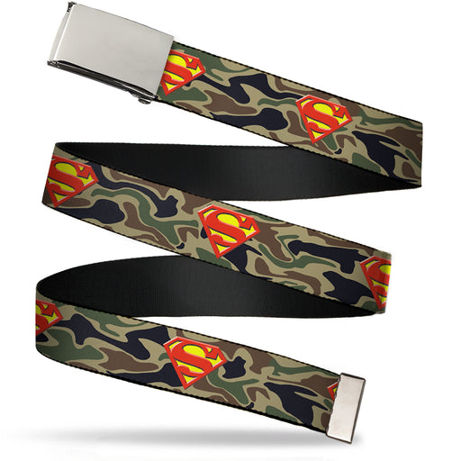 Chrome Buckle Web Belt - Superman Shield Camo Olive Webbing Web Belts DC Comics   