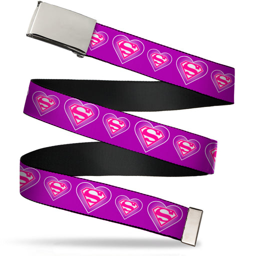 Chrome Buckle Web Belt - Superman Logo in Heart Purple/White/Pink Webbing Web Belts DC Comics   