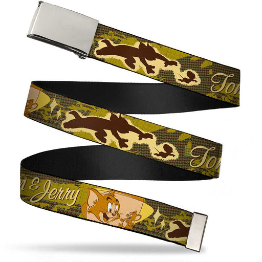 Chrome Buckle Web Belt - TOM & JERRY Tom Chasing Jerry Houndstooth Browns Webbing Web Belts Tom and Jerry   