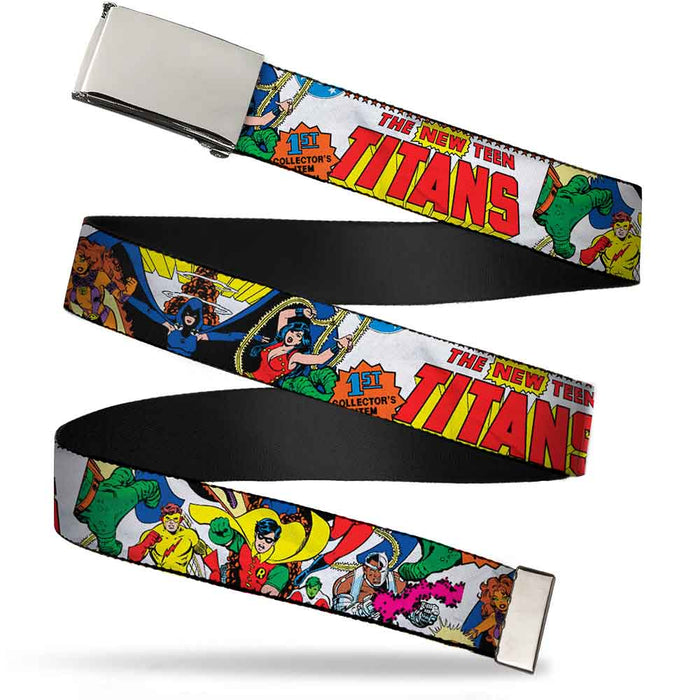 Chrome Buckle Web Belt - THE NEW TEEN TITANS Issue #1 Superhero Cover Poses White Webbing Web Belts DC Comics   