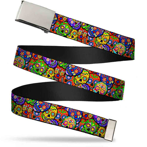 Chrome Buckle Web Belt - Colorful Calaveras Stacked Multi Color Webbing Web Belts Thaneeya McArdle   