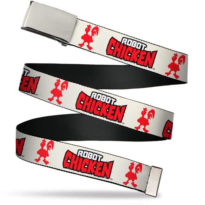 Web Belt Blank Chrome Buckle - ROBOT CHICKEN Title Logo and Chicken Silhouette Ivory Webbing Web Belts Warner Bros. Animation   