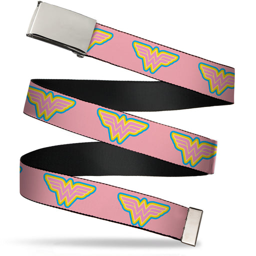 Chrome Buckle Web Belt - Wonder Woman Logo Pink/Blue/Yellow/Pink Webbing Web Belts DC Comics   