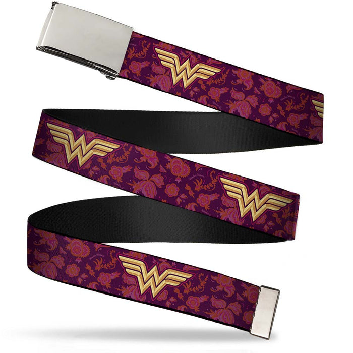 Chrome Buckle Web Belt - Wonder Woman Logo/Floral Collage Purple/Pinks/Gold Webbing Web Belts DC Comics   