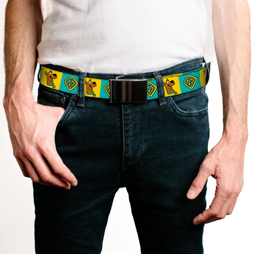 Web Belt - Scooby Doo Pose and Dog Tag Blocks Yellow/Blue Webbing Web Belts Scooby Doo