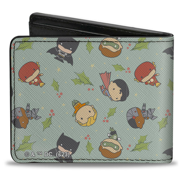 Bi-Fold  Wallet - Justice League Chibi Holiday Christmas Superhero Poses and Holly Scattered Bi-Fold Wallets DC Comics   