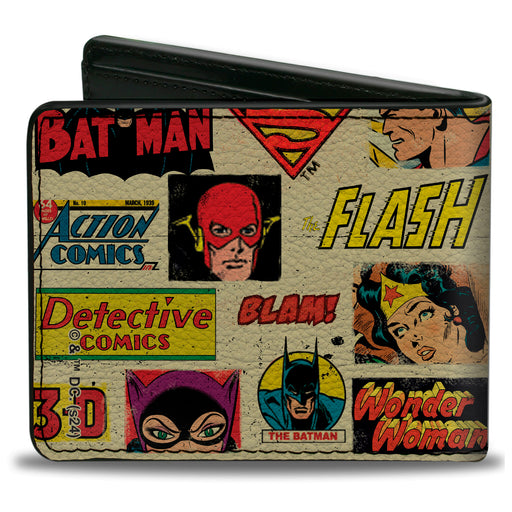 Bi-Fold Wallet - DC Comics Retro Superhero Faces and Logos Collage Ivory Bi-Fold Wallets DC Comics