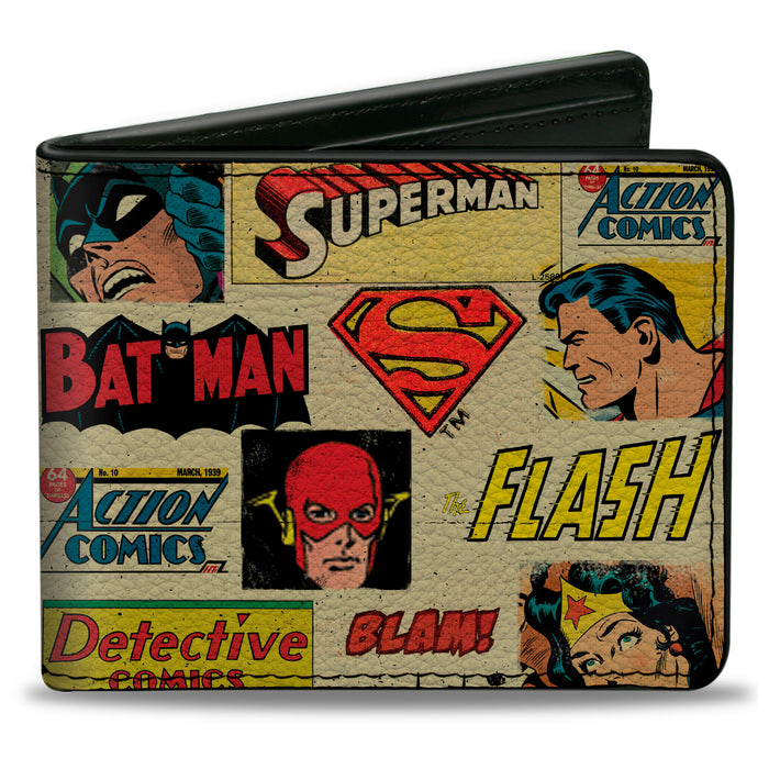 Bi-Fold Wallet - DC Comics Retro Superhero Faces and Logos Collage Ivory Bi-Fold Wallets DC Comics