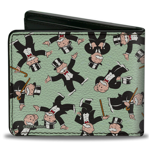 Bi-Fold Wallet - Mr. Monopoly Rich Uncle Pennybags Poses Scattered Green Bi-Fold Wallets Hasbro   