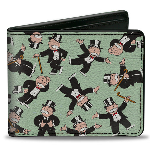 Bi-Fold Wallet - Mr. Monopoly Rich Uncle Pennybags Poses Scattered Green Bi-Fold Wallets Hasbro   