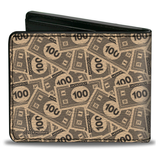 Bi-Fold Wallet - Mr. Monopoly Rich Uncle Pennybags Pose 100 Money Bills Stacked Bi-Fold Wallets Hasbro   