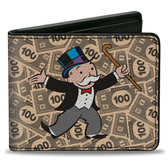 Bi-Fold Wallet - Mr. Monopoly Rich Uncle Pennybags Pose 100 Money Bills Stacked Bi-Fold Wallets Hasbro   