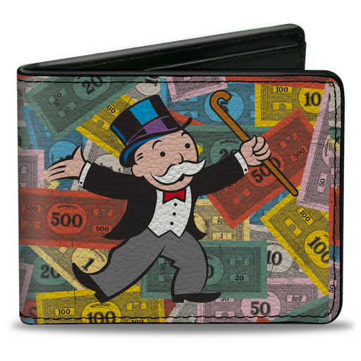 Bi-Fold Wallet - Mr. Monopoly Rich Uncle Pennybags Pose Stacked Money Multi Color Bi-Fold Wallets Hasbro   