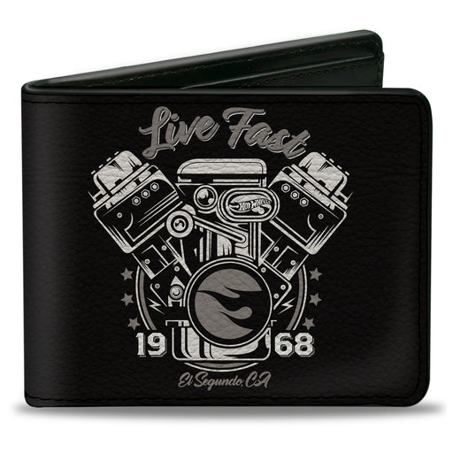 Bi-Fold Wallet - Hot Wheels LIVE FAST 1968 Engine Pistons Black/Grays Bi-Fold Wallets Mattel   