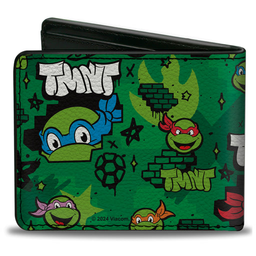 Bi-Fold Wallet - Teenage Mutant Ninja Turtles TMNT Faces Brick Wall Greens Bi-Fold Wallets Nickelodeon   