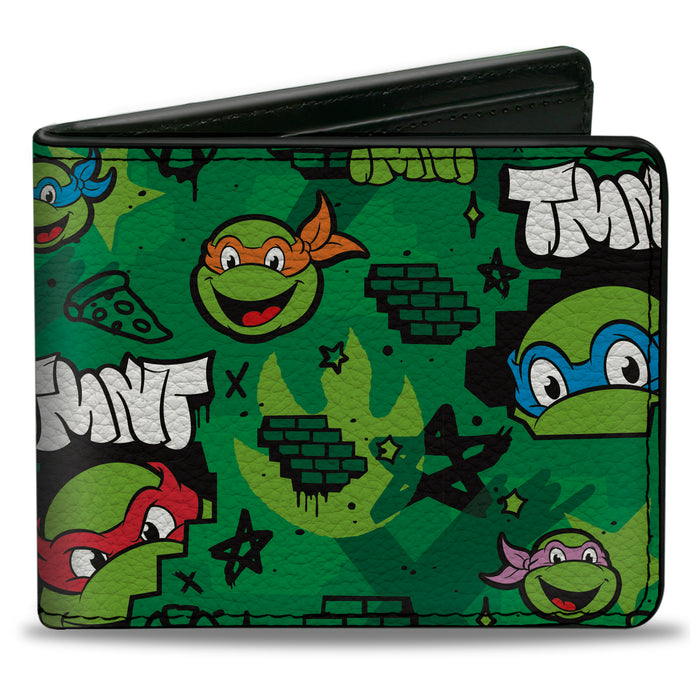 Bi-Fold Wallet - Teenage Mutant Ninja Turtles TMNT Faces Brick Wall Greens Bi-Fold Wallets Nickelodeon   