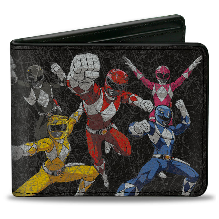 Bi-Fold Wallet - MMPR Power Rangers Group Action Pose Weathered and Title Logo Black Bi-Fold Wallets Hasbro   