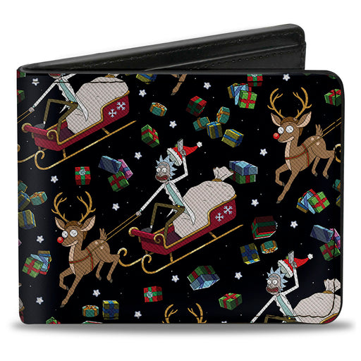 Bi-Fold Wallet - Rick and Morty Holiday Santa Rick Reindeer Sled Pose and Packages Collage Black Bi-Fold Wallets Rick and Morty   