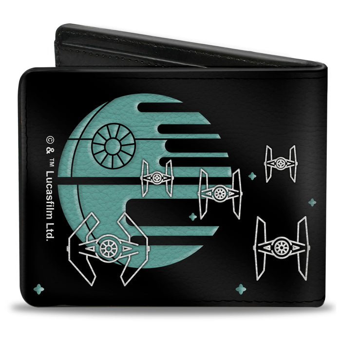 Bi-Fold Wallet - Star Wars Imperial Star Destroyer + Death Star TIE Fighters Black White Aqua Blue Bi-Fold Wallets Star Wars