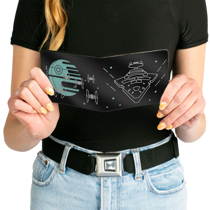 Bi-Fold Wallet - Star Wars Imperial Star Destroyer + Death Star TIE Fighters Black White Aqua Blue Bi-Fold Wallets Star Wars