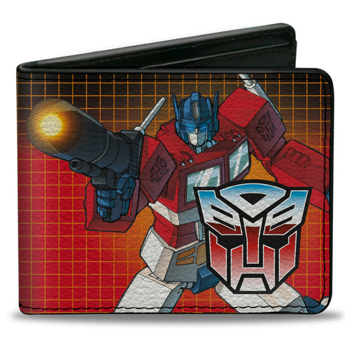 Bi-Fold Wallet - Transformers Optimus Prime Blaster Pose and Autobot Shield Grid Fade Reds Bi-Fold Wallets Hasbro   