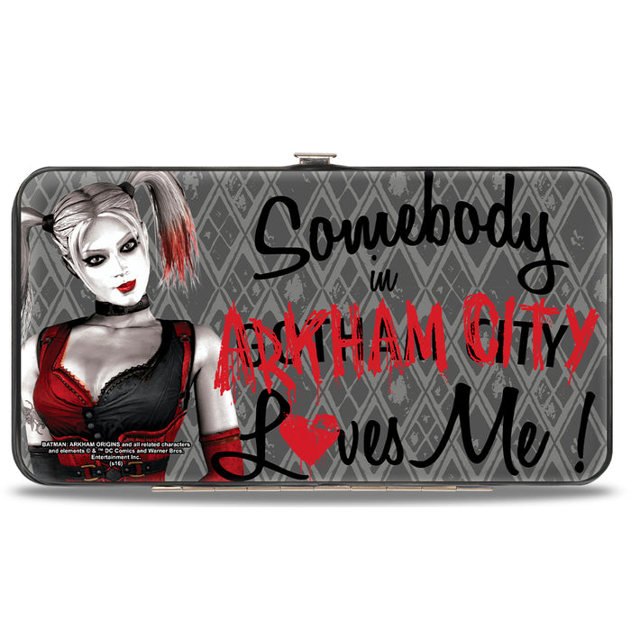 Hinged Wallet - Harley Quinn Pose SOMEBODY IN ARKHAM CITY LOVES ME Diamonds Grays Black Red Hinged Wallets DC Comics