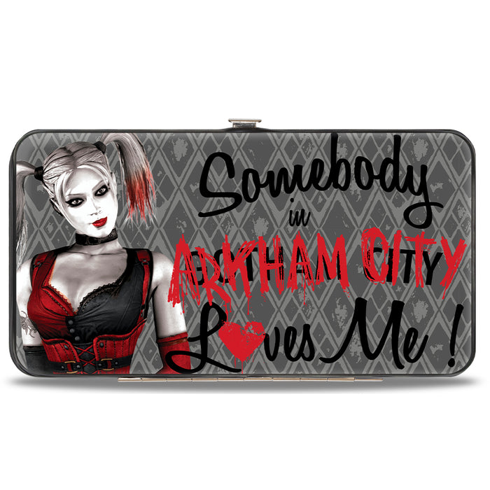 Hinged Wallet - Harley Quinn Pose SOMEBODY IN ARKHAM CITY LOVES ME Diamonds Grays Black Red Hinged Wallets DC Comics